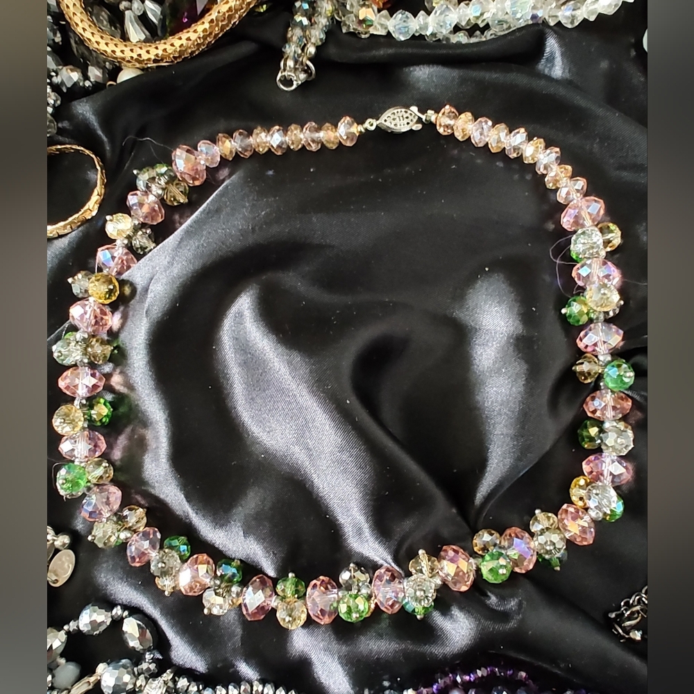Multi-colored Crystal Bead Necklace in Pink & Green - Designer Style